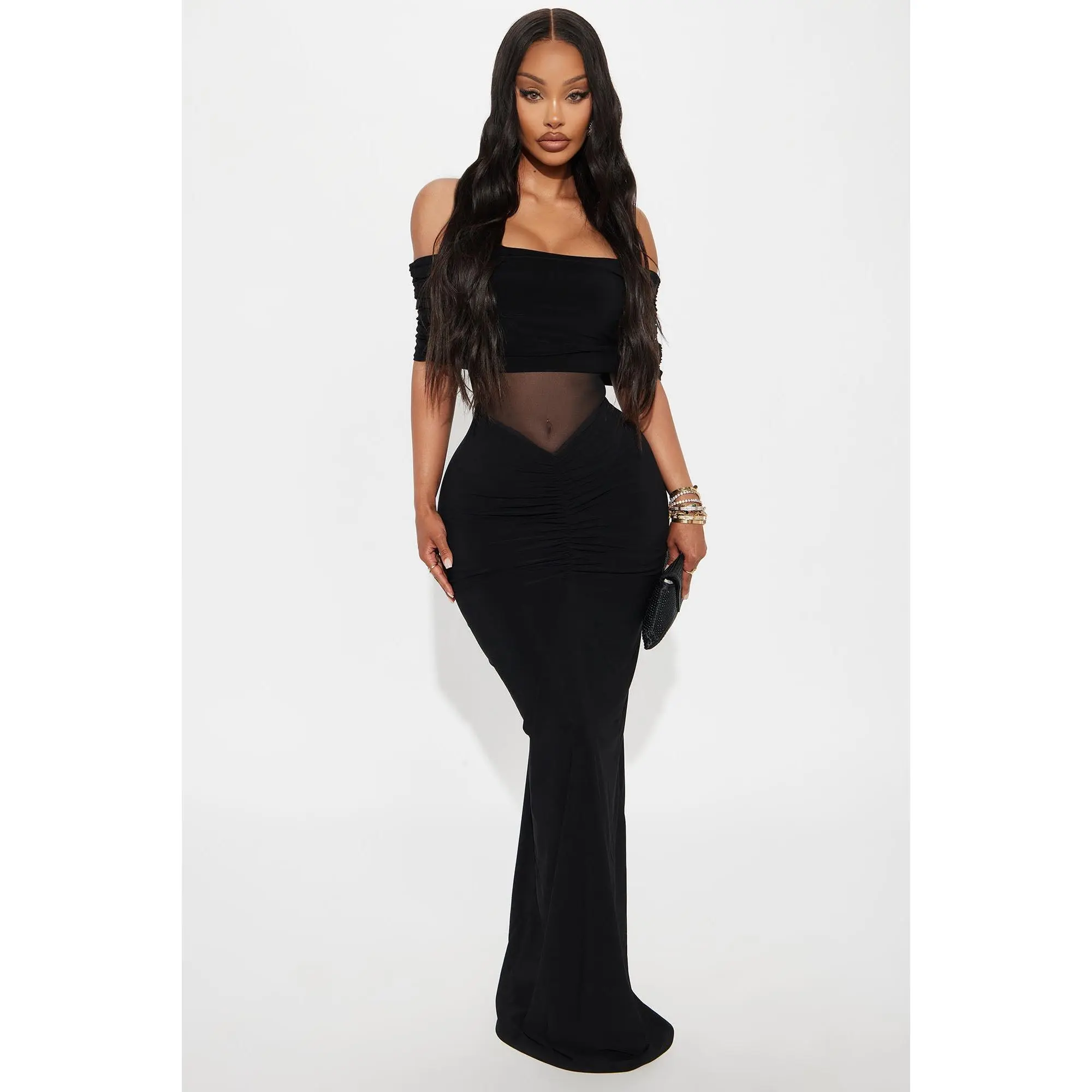 Jesika Ruched Off Shoulder Maxi Dress - Black