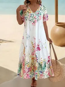 Plus Size V-Neck Short Sleeve Floral Print Boho Midi Dress Women's Summer Outfit Casual Loose Fit A-Line Dress - Fabric