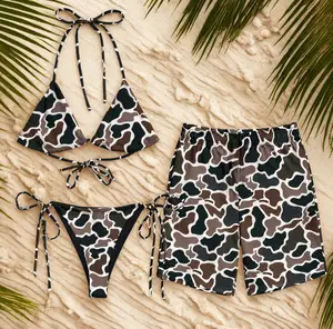 Duck Camo Matching Couple Swimwear Set – Women’s Tie Side Thong Bikini & Swim Bra, Men’s Beach Shorts Summer Vacation Outfit, Gift for Her