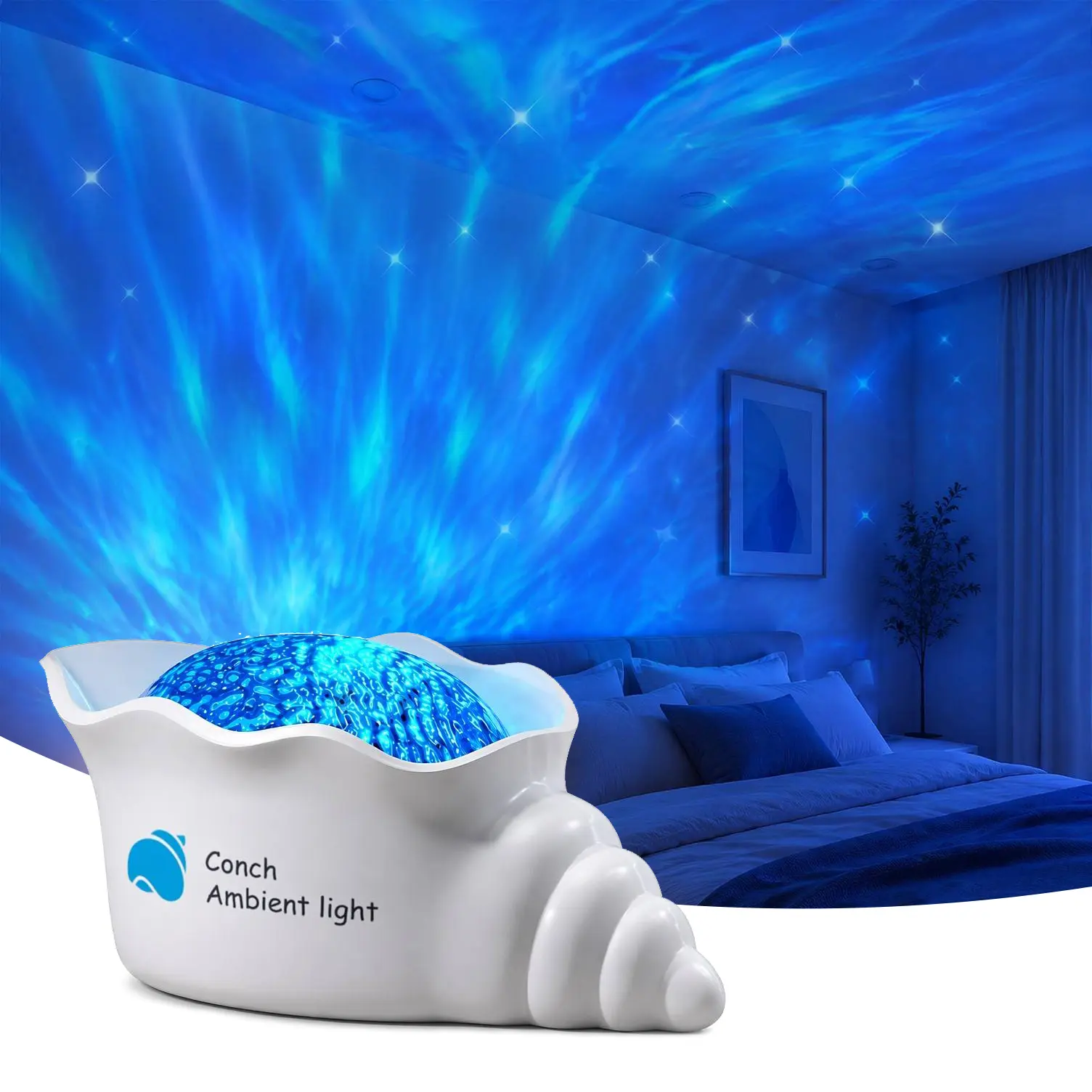 Colors Changing Lamp with Dynamic Ripple Light,Conch Ocean Wave Light Projector, Mood Lighting with Memory Function, 5 White Noise, Dimmable Novelty Lamp for Bedroom Playroom Bathroom Decor