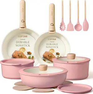 Pots and Pans Set, Nonstick Cookware Set Detachable Handle, 19pcs Induction Kitchen Cookware Sets Non Stick with Removable Handle, RV Cookware Set, Oven Safe, Pink