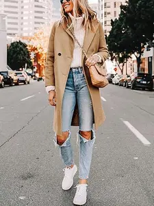 Women's Winter Wool Coat Long Double Breasted Pea Coat With Notch Lapel Fall Casual Chic Trench Coat Outerwear