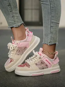 Women's Unique Random Oil Painting Design Patchwork Comfortable Flat Sport Shoes, Casual Chunky Strap Skate Shoes, Sneaker Trainer Footwear Walking Shoes Patchwork Design Sneakers, Colorblock Patchwork Sneakers, Round Toe Sneakers, Low Top Sneaker