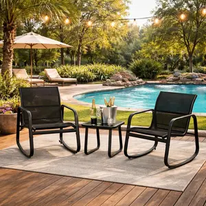Rocking Patio Bistro Set, Outdoor Table and Chairs 3-Piece, Space Saving Patio Furniture Set with Textilene Mesh, Rust-Resistant Metal Frame, Durable for Garden, Lawn, Yard, Balcony, Black