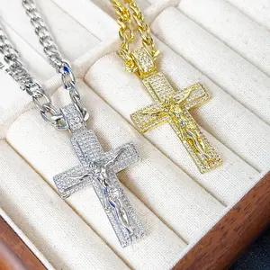 Customized Silver & Gold Iced Out Cross Necklace with Jesus Pendant Cuban Link Chain CZ Diamond Hip Hop Jewelry for Men Women