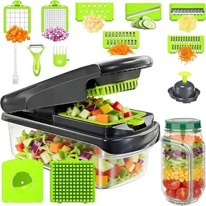 Vegetable Chopper and Salad Jar 15-in-1 Multifunctional Chopper with Mason Jar Side Open for Lunch Travel Leakproof Fruit Garlic Onion Potato Grater Kitchen Gadgets