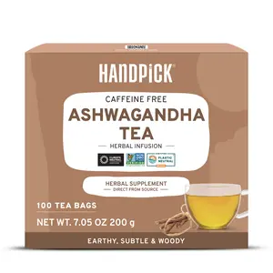 HANDPICK, Ashwagandha Tea Bags - 100 Herbal Tea Bags | Caffeine Free, Gluten Free | Made from 100% Pure Ashwagandha Root (Withania Somnifera) Packed in Eco-Friendly Tea Bags