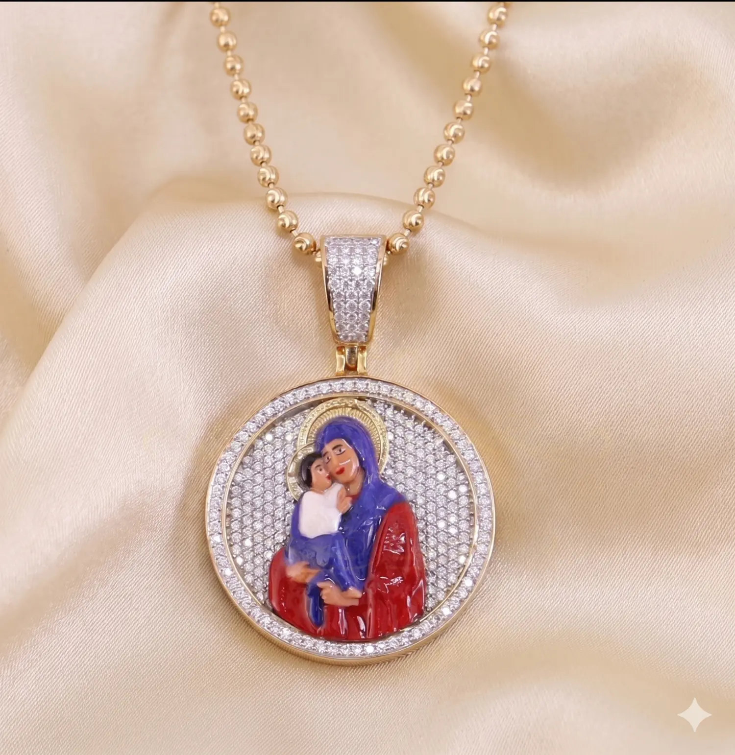 King Of Bling's 5.00ct Moissanite Yellow 925 Silver Jesus & Mother Marry Round 1.50 inch Pendant
