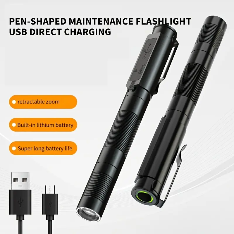 2-pack pen-style work inspection flashlights, rechargeable adjustable-focus LED penlight with clip, compact portable pocket handheld flashlight suitable for maintenance tasks, home use, camping, hiking, and various emergency situations