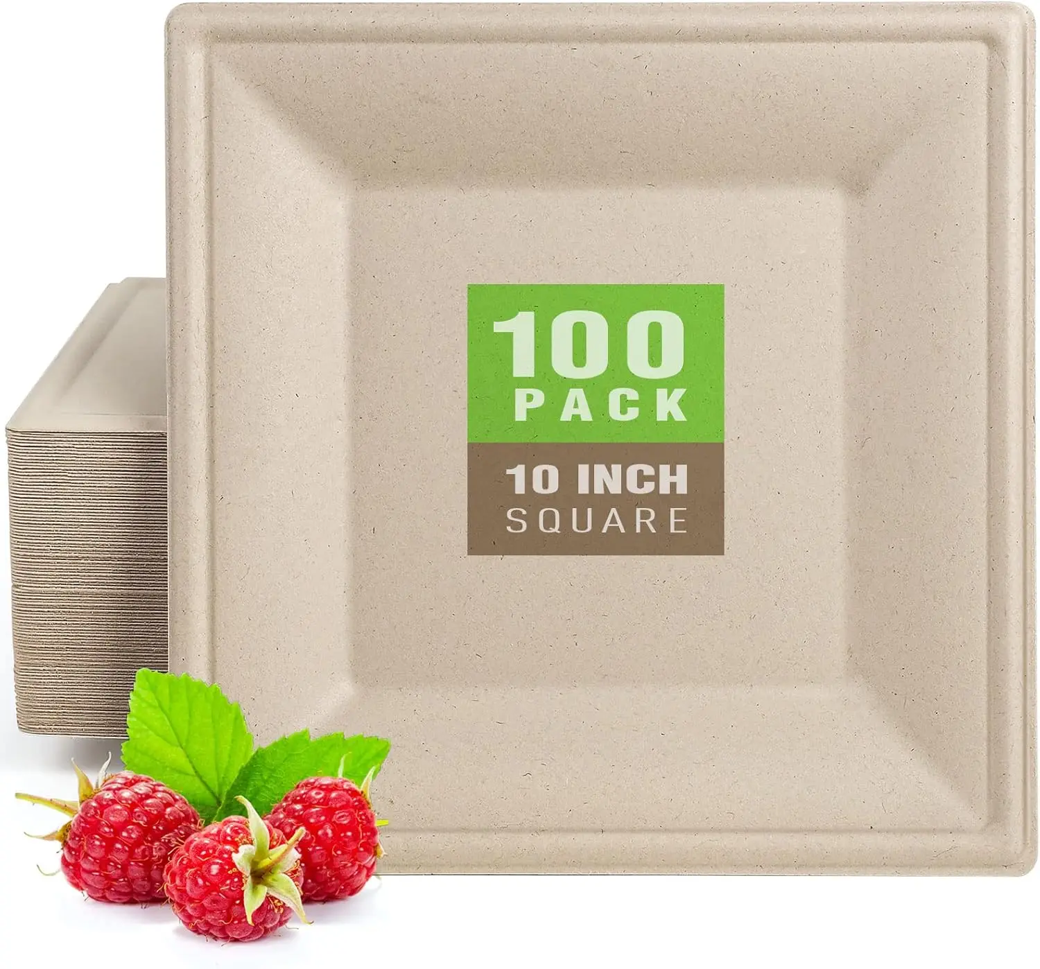 100 Pack Compostable Square Plates 10 Inch Disposable Paper Plates Sugarcane Square Dinner Plate Unbleached Eco-friendly Large Plate for Party