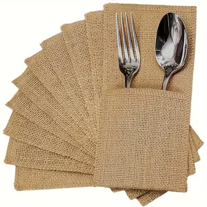 10 Natural Jute Serving Bags - Lightweight unfinished fabric serving bags, suitable for forks, knives, spoons and napkins - Perfect for rural wedding decorations and as party gifts. Wedding serving bags | Natural jute texture | Dishwasher safe bags