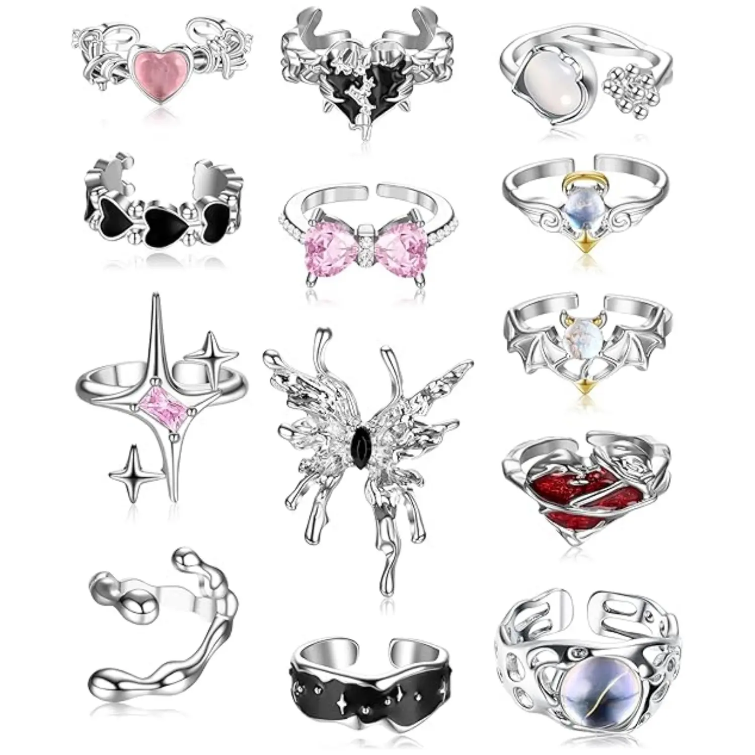 13 Pcs Y2k Rings For Women Vintage Irregular Rings for Women Men Chunky Adjustable Rings Gothic Goth Open Moonstone Butterfly Star Pink Heart Cool Statement Ring Aesthetic Accessories Ring Set