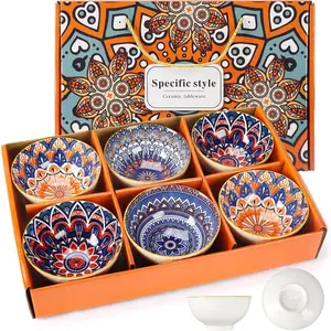 Ceramic Rice Bowls 10 oz, Bohemian Style Small Retro Bowl Gift Set of 6, 4 Colors Kitchen Tableware Serving Bowls with Design for Cereal, Soup, Desserts, Snacks, Fruits, Salads