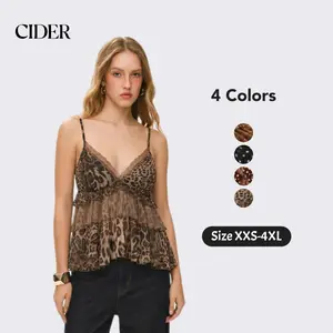 Cider Chiffon Leopard V-neck Lace Trim Cami Top