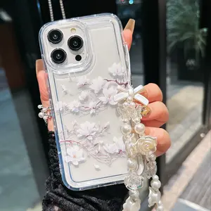 Flower Magnolia Phone Case, Transparent Tpu Cover, Anti-Drop Pearl Strap, Gift for Boyfriend Girlfriend, Fits iPhone 11-17 Pro Max