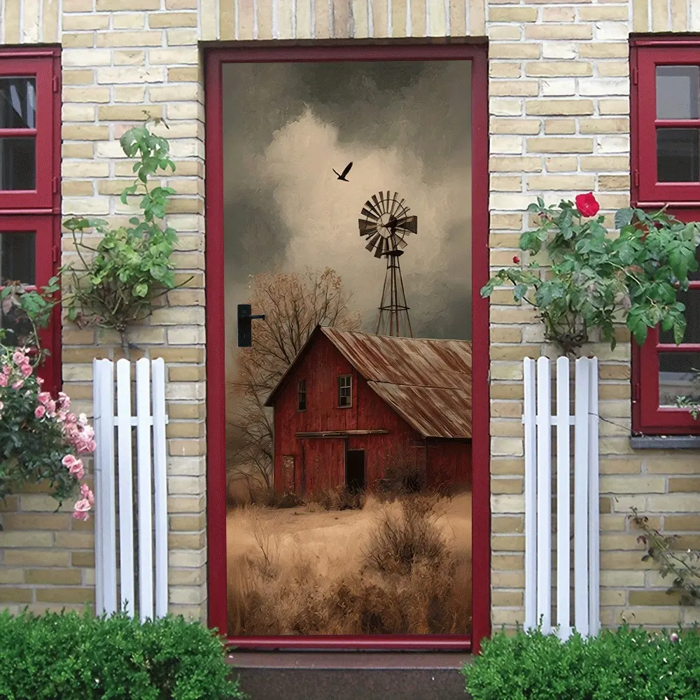 2pcs Vintage Red Barn and Windmill Wall Sticker American Country Style Home Decor Decal Self Adhesive Removable Wallpaper for Living Room Bedroom Art Mural Decoration Poster
