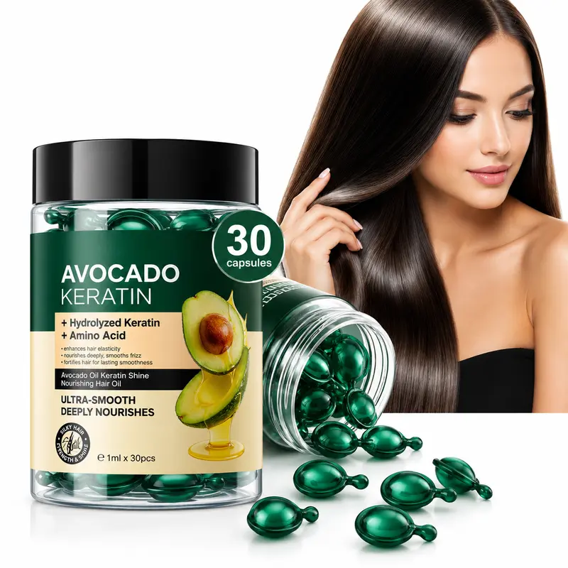 30PCS Avocado Keratin Hair Oil Capsules, Deep Nourishing Hair Treatment for Dry & Damaged Hair, Frizz Control, Smooth & Shiny Hair, Hydrolyzed Keratin & Amino Acid