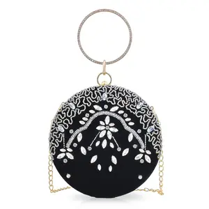 Hand Embroidery Round Shaped Beads Studded Velvet Clutch Ring Handle Sling Chain