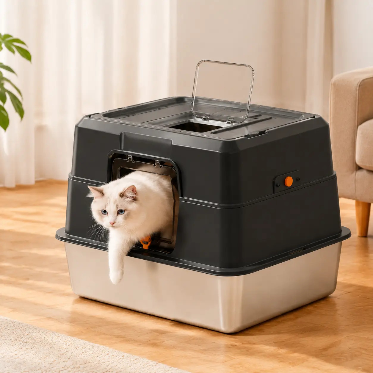 Fully Enclosed Stainless Steel Cat Litter Box (60Cm × 40Cm × 40Cm), Dual Entry (Front Door & Top Access), Odor-Locking Design, Durable Plastic Cover, Food-Grade Non-Stick Easy-Clean Stainless Steel Base, Suitable for Large Cats