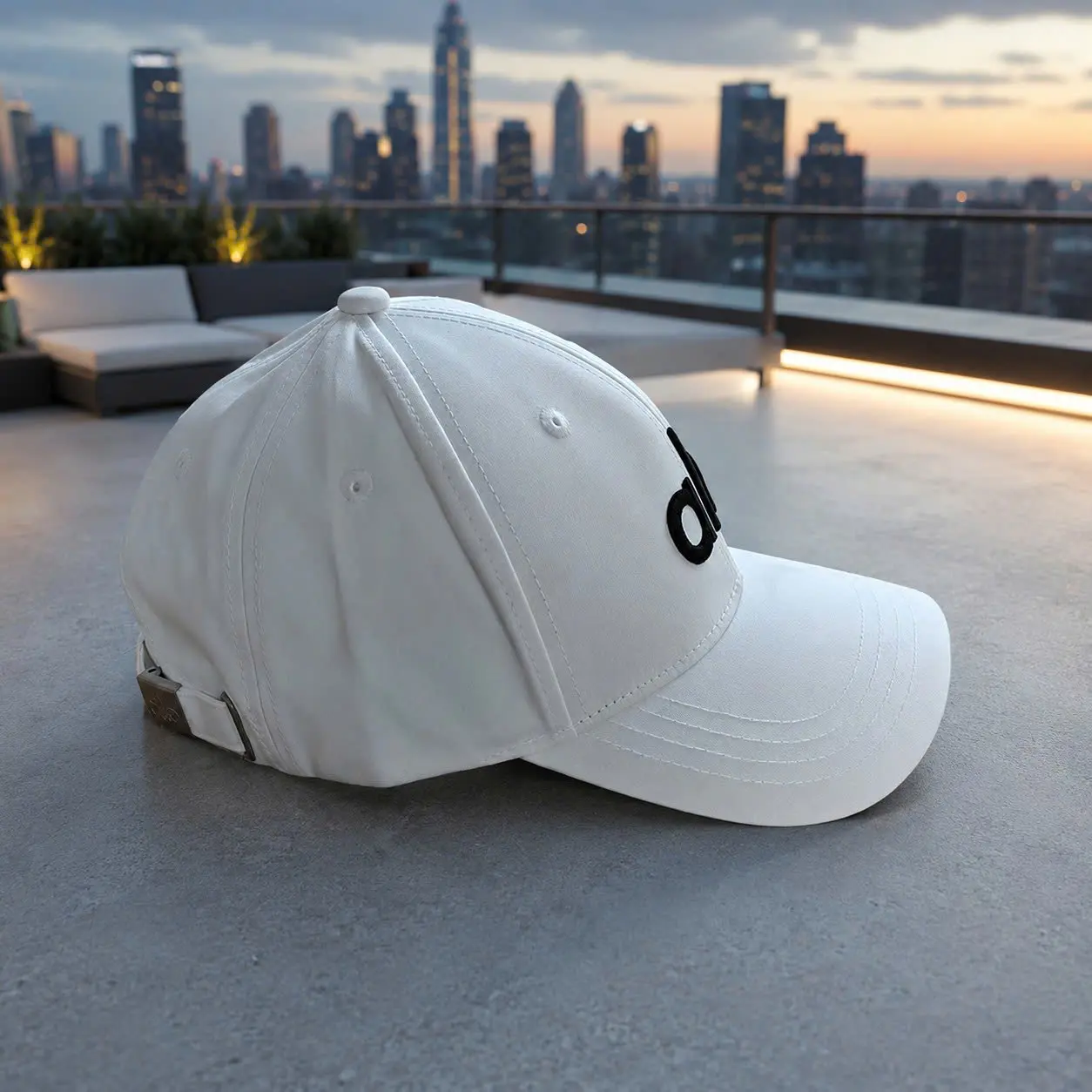 A Yoga Performance Off-Duty District Trucker Hat - Black Baseball Cap with White Letter Design, 100% Polyester, Sun Protection, Durable Woven, Minimalist Outdoor Headwear for Running & Activities