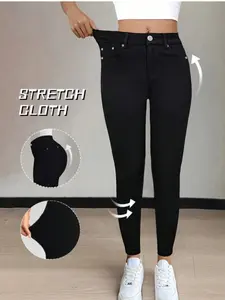 New Women's Elegant High Waist Stretchy Comfortable Basic Jeans, Fitted Style, All-Season Commuter Casual Pants, Fashion Versatile Details