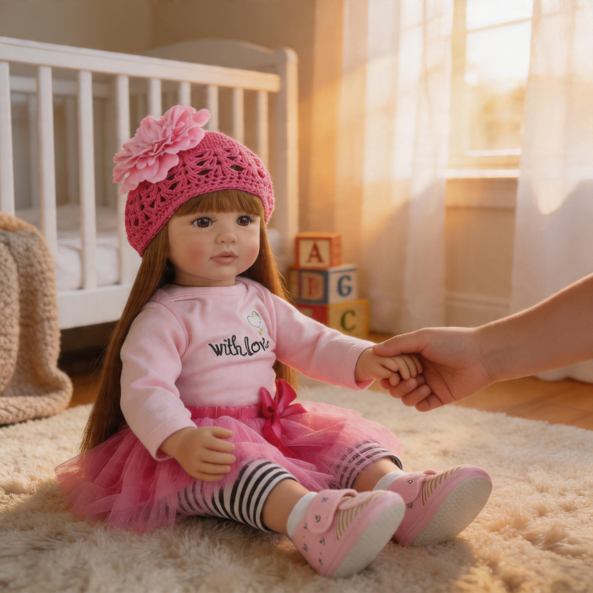 22-Inch (55 cm) Reborn Doll — Featuring Beautiful Large Eyes, a Pink Dress, and a Matching Hat. An Ideal Companion Doll, Perfect for Holiday or Birthday Gifts.
