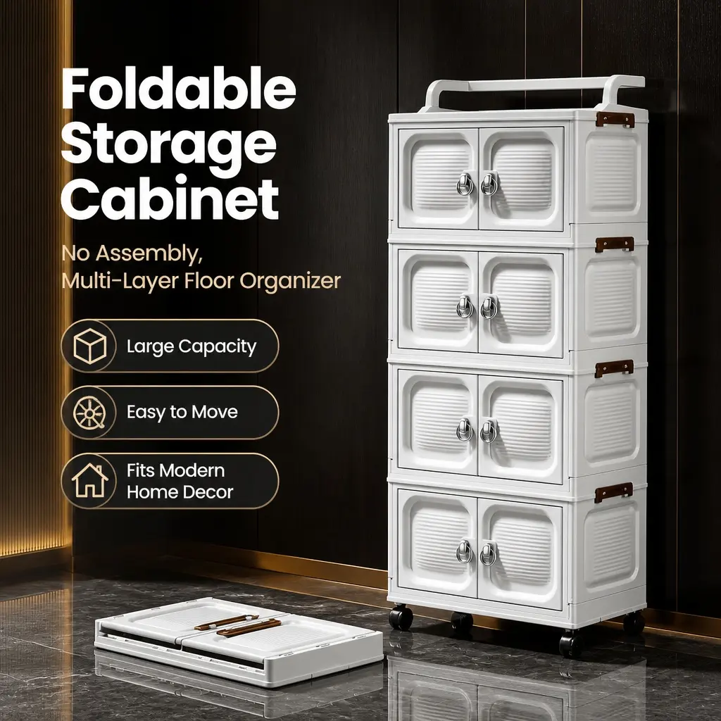 5/4/3-Tier Foldable Rolling Storage Cabinet with Magnetic Doors, Built-in Handle & 360° Casters – Tool-Free Instant Setup, Large Capacity Plastic Storage Organizer for Bedroom, Bathroom, Laundry, Living Room & Small Apartment, Dustproof & Space-Saving