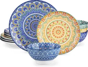 Mandala 12 Pieces Dinnerware Sets, Porcelain Dinner Set for 4, Boho Plates and Bowls Set, Colorful Dish Set