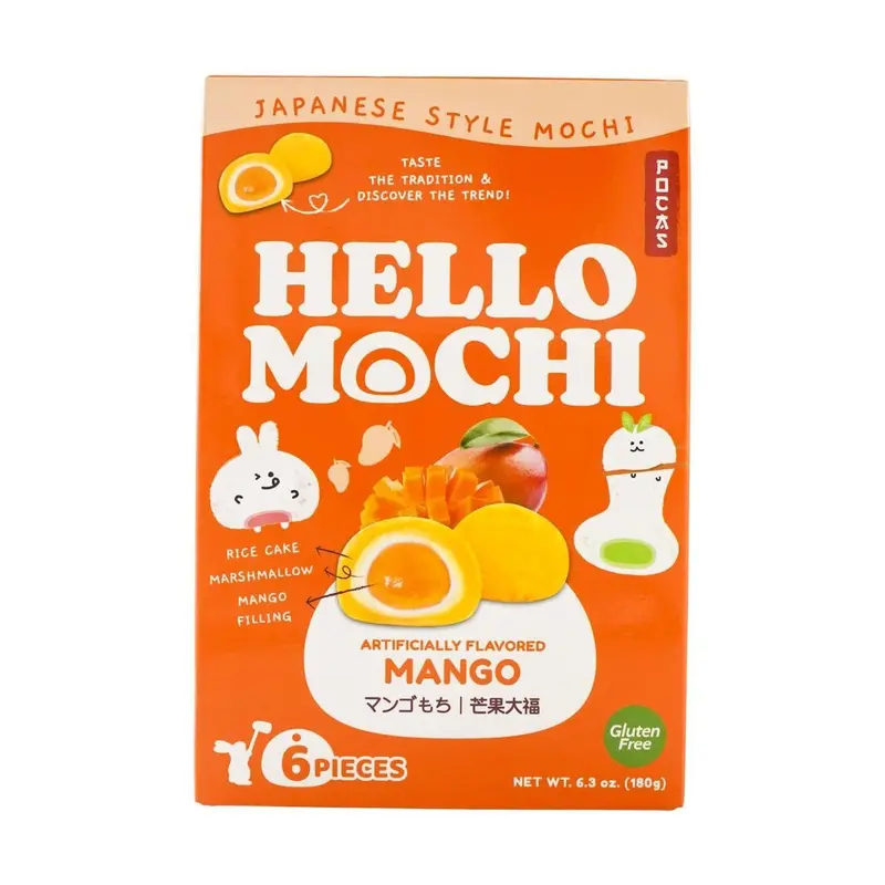 POCAS Hello Mochi Mango Mochi,Gluten Free Vegan,6pieces 6.3oz