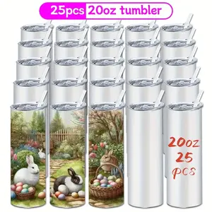 25pcs 20oz Sublimation Tumblers, BPA-Free Lids & Straws, White Skinny Straight Mugs, Heat Transfer Flasks Water Bottles Portable Plastic Washable Reusable Containers Drinkware Bottled