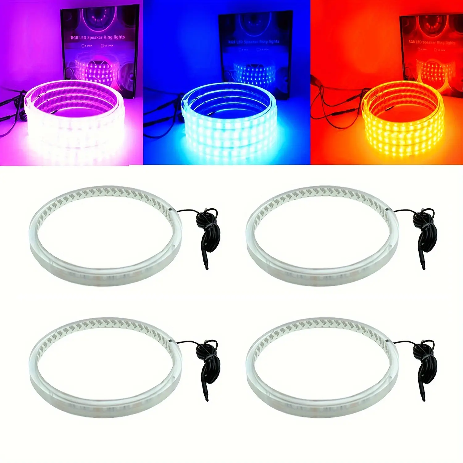 4PCS 8in ABS Plastic RGB Car Speaker Ring Lights Kit, Bluetooth App & Remote Control, Music Sync Dynamic Glow Plug-and-Play Dreamcolor Interior LED Spacer Rings for Cool Car Decorations, Automotive Decorative Lighting