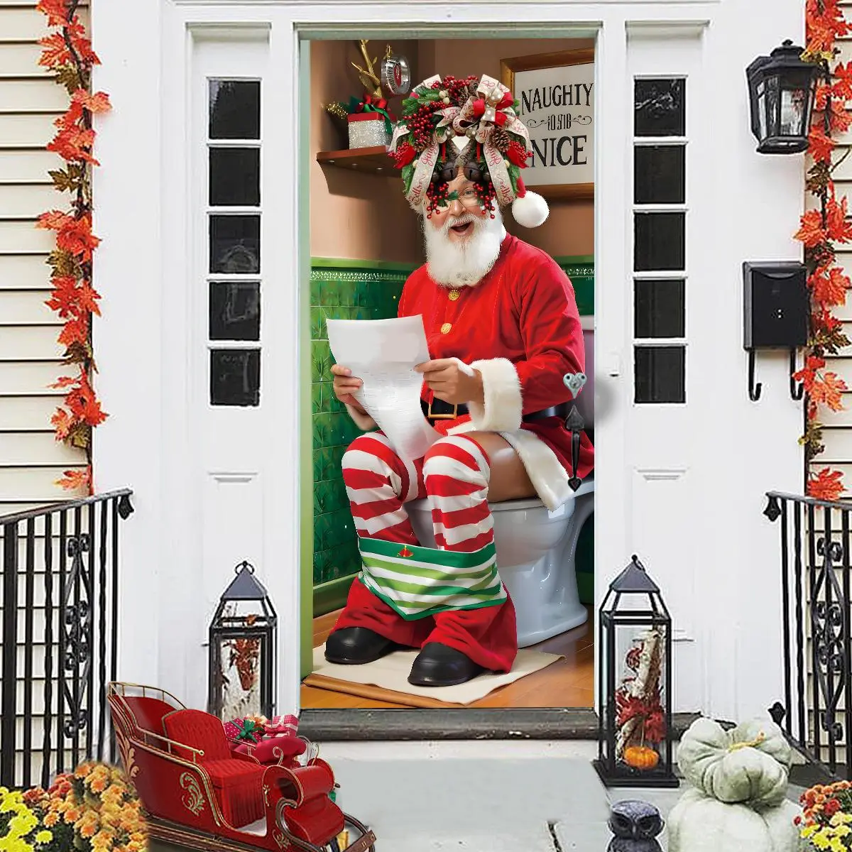 Santa Claus Pattern Door Sticker, Creative 3D Christmas Design Door Sticker, Self-adhesive Door Decorative Wallpaper, Waterproof Vinyl Wallpaper