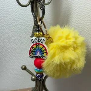 God's Rainbow Keychain with Yellow Pom-Pom and Genesis 9:1 Charm