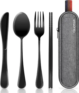 Quatish Travel Utensils Set with Case Portable Stainless Steel Silverware for Work Camping Picnic Includes Fork Spoon Reusable Cutlery for Men Women