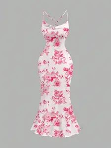 Women's Floral Print Maxi Dress, Draped Neck Summer Dress, Casual Party Dress