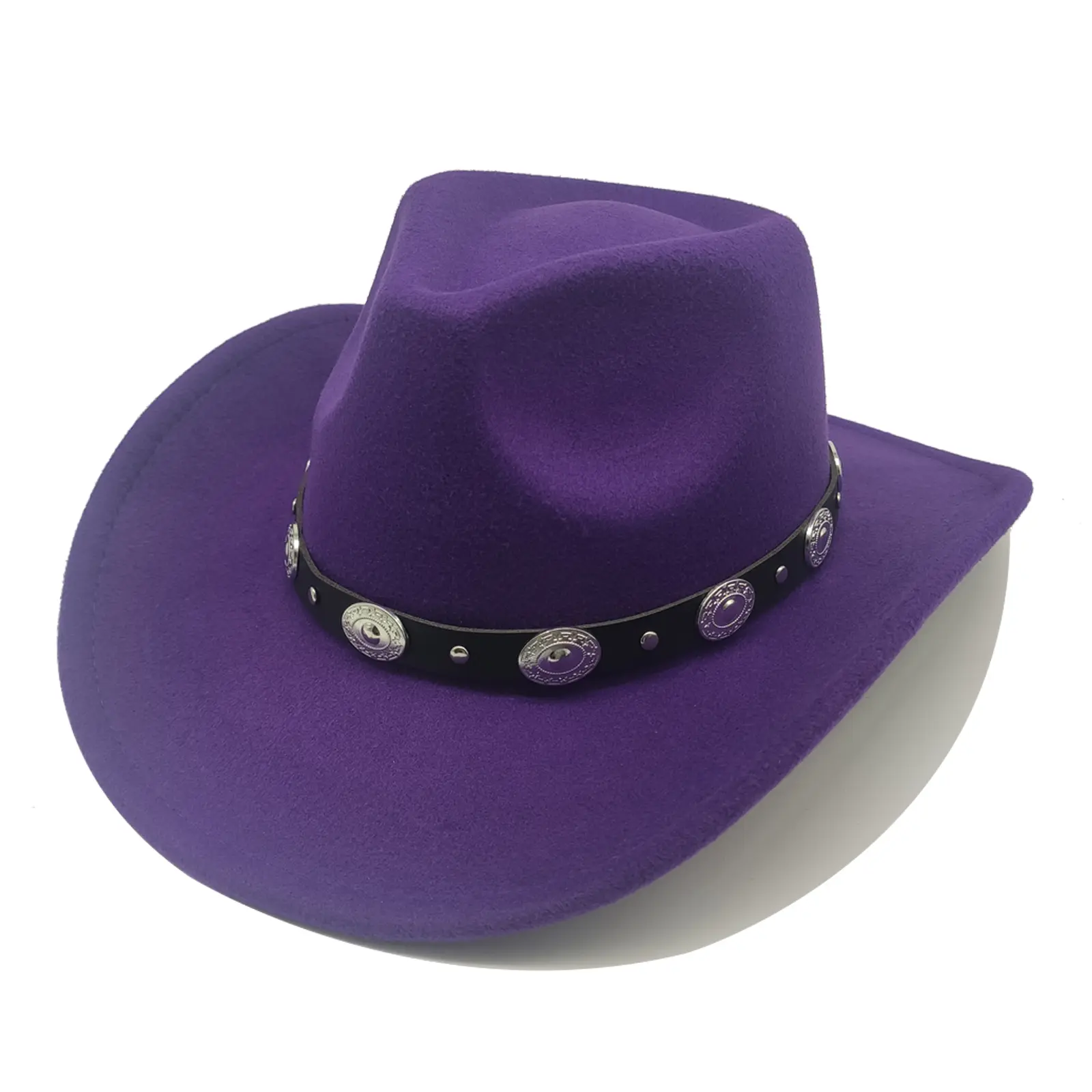 Classic Western Cowboy Hat Cowgirl Hat Unisex Men's & Women's Wide Brim Felt Fedora Hat Flat Top Hat with Buckle Belt Purple