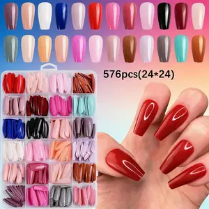 Boxed Nail Art Set Nail Art Design 576 Pieces 24 Colors Glossy Medium Long Trapezoidal False Nails Removable Press-On Nail Stickers for School Work Wedding Party