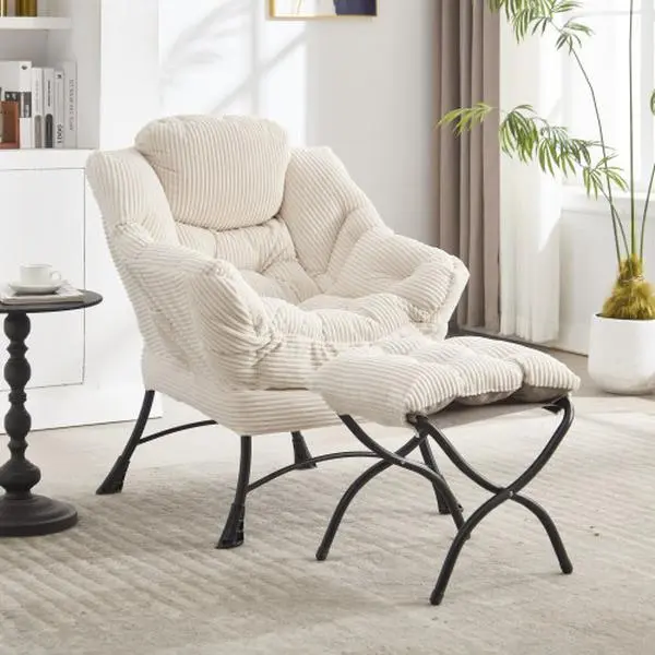 Lazy Chair With Ottoman, Modern Lounge Accent Chair With Side Pocket, Upholstered Reading Chair With Armrests For Living Room, Bedroom  2（）