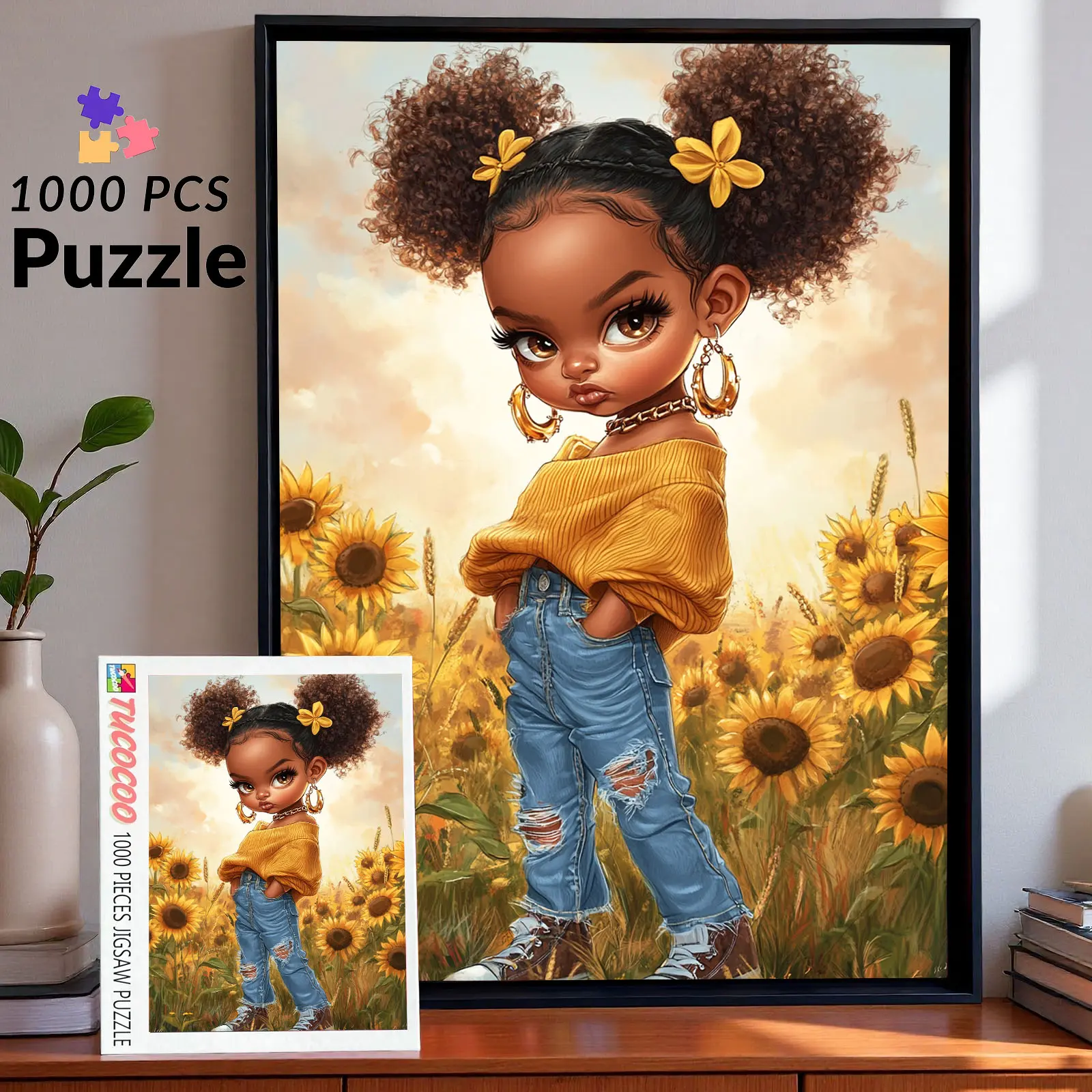 Tucocoo 1000-Piece Rectangular Vibrant Sunflower Field Little Girl Jigsaw Set, 27.5x20 inches (70x50cm), Durable Eco-Conscious Recycled Cardboard, Adult Crafts, Relaxing Brain Game, Ideal Birthday Gift, 70X50 Cm