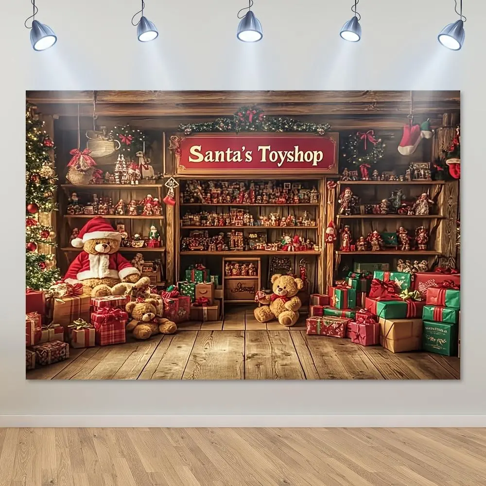 1pc 2D Flat Santa's Toy Shop Christmas Backdrop Banner - Durable Polyester Festive Decoration with Ornaments, Indoor/Outdoor Holiday Decor for Family Gatherings, Parties, Home Textile Soft Furnishing