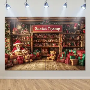 1pc 2D Flat Santa's Toy Shop Christmas Backdrop Banner - Festive Indoor/Outdoor Holiday Decoration for Family Gatherings, Weddings, and Parties, Made of Durable Polyester, Seasonal Home Decor | Ornaments White