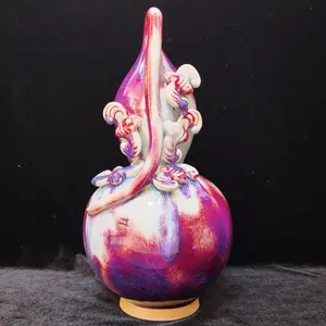 Handmade Chinese Jun Porcelain Gourd Vase with Bat Relief, Vintage Red-Purple Kiln-Fired Glaze Ceramic Vase, Lucky Asian Art Home Decor