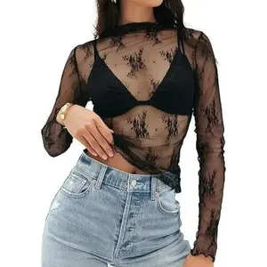 Womens 2026 Lace Mesh Sheer Long Sleeve Top Sexy Y2k Mock Neck See Through Shirt Blouses