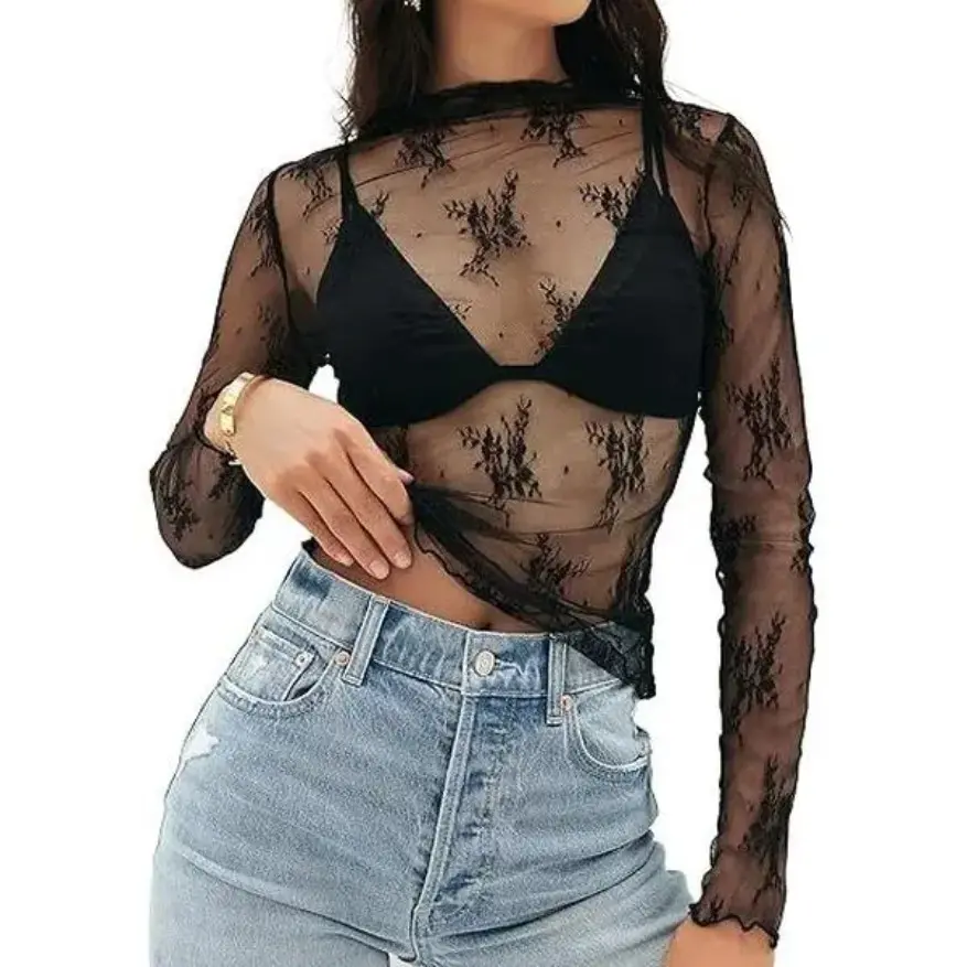 Womens 2026 Lace Mesh Sheer Long Sleeve Top Sexy Y2k Mock Neck See Through Shirt Blouses Casual Boho Breathable Black