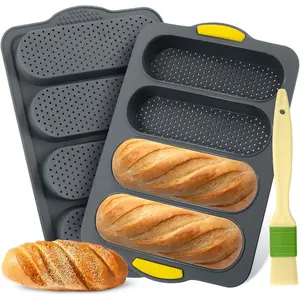2 Pack Silicone French Bread Loaf Pan - 4 Hole Non-Stick Reusable Easy Release Baking Tool for Homemade French Bread, Rolls & Romantic Dinner