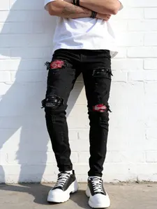 Men's Trendy Fashion Slim Fit Patched Ripped American Streetwear High Street Skinny Jeans, Casual All Seasons Denim Jeans
