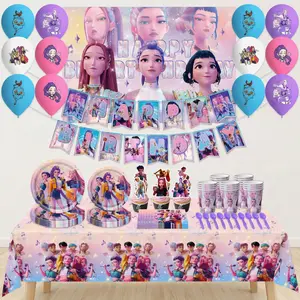 K-POP Witch Hunters Group Birthday Party Decorations Set, 9PCS Complete Party Supplies Kit with Tablecloth Backdrop Balloons Bunting Plates Cups Napkins for Fans Theme Party