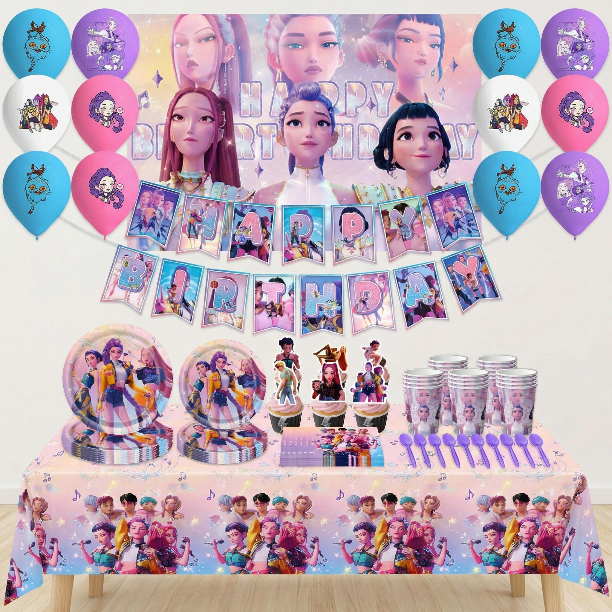 K-POP Witch Hunters Group Birthday Party Decorations Set, 9PCS Complete Party Supplies Kit with Tablecloth Backdrop Balloons Bunting Plates Cups Napkins for Fans Theme Party