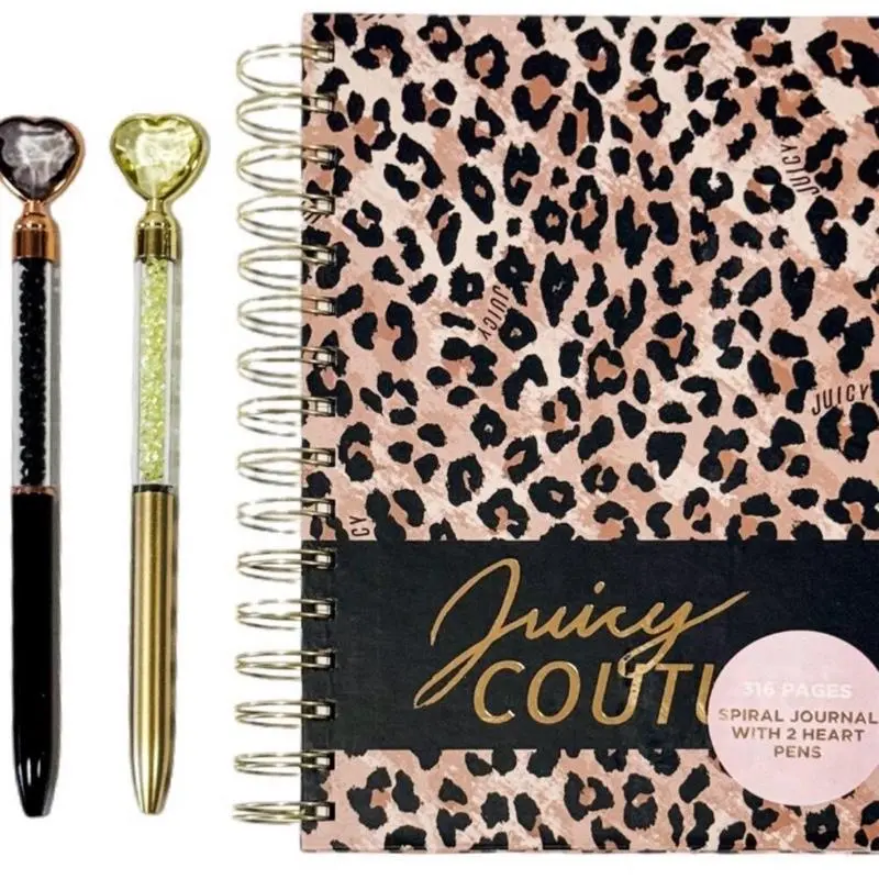 Juicy Couture Cheetah Print Notebook Set with 2 Smooth Writing Retractable Heart Gel Pens, Office Stationery Supplies, Writing Stationery