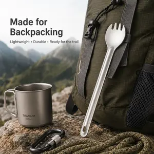 MUTTI Titanium Long-Handle Spork, 8.5" Ultra Lightweight Long-Handled Forks, Camping Kitchenware for Backpacking & Hiking